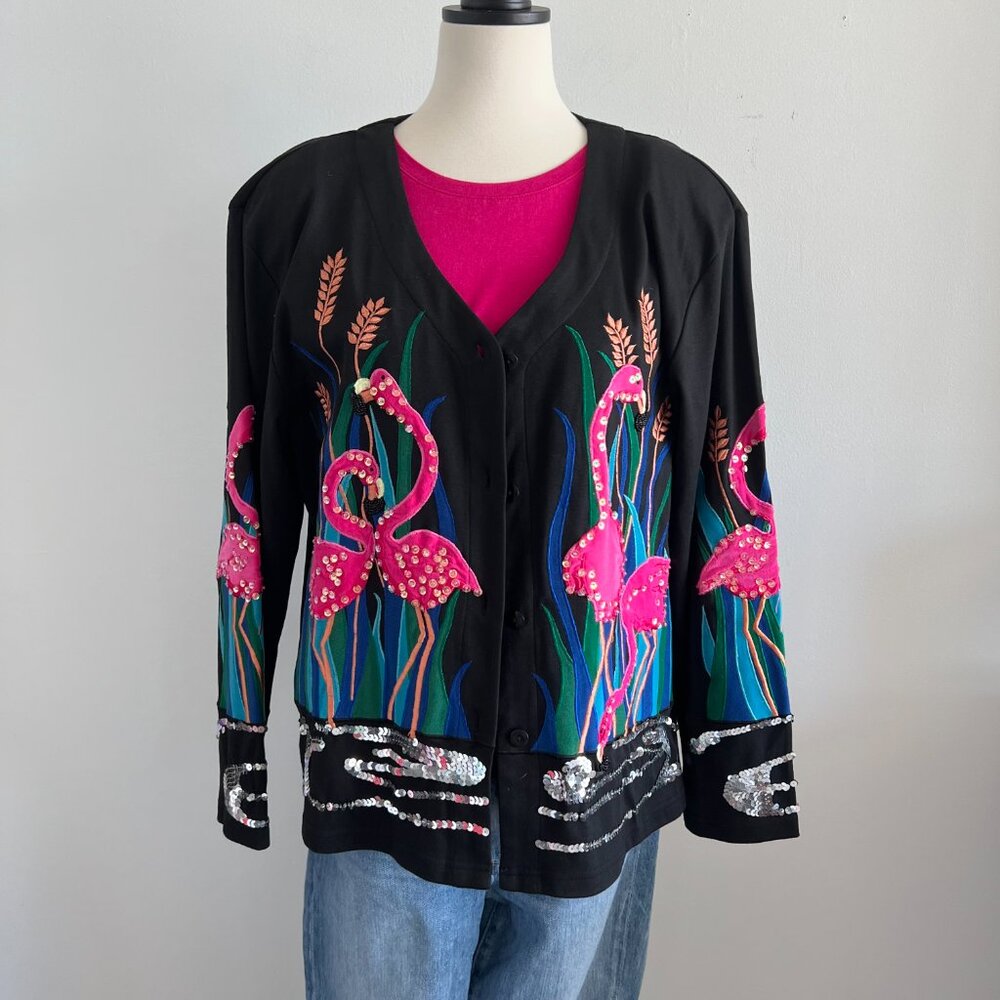 HJM Resort, Vintage 1980's, Black Cardigan with Flamingo embellishment, Size L - Picture 2 of 5